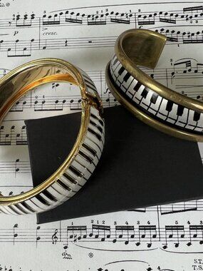 Rare-Vintage Piano Key Bracelet Set -Black White Gold Tone